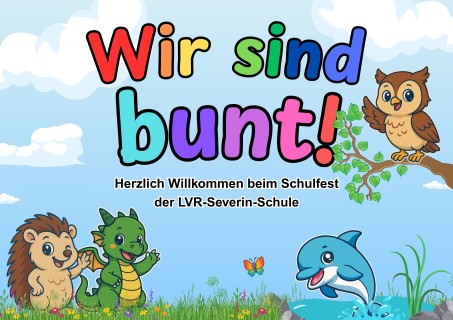 Plakat zum Schulfest, bunt gestaltet mit Titel des Festes und Tieren