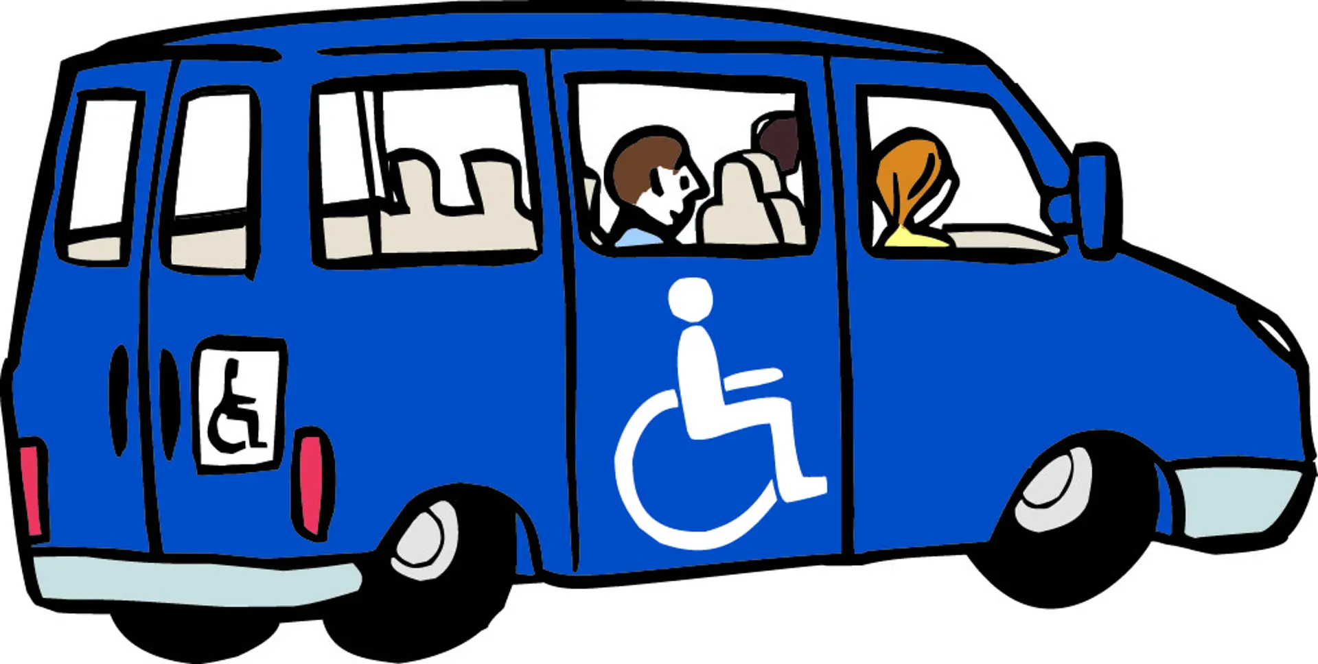 Ein Kleinbus mit Rollstuhlsymbol an der Seite, der auf einen behindertengerechten Transport hinweist. Im Fahrzeug sitzen mehrere Personen.