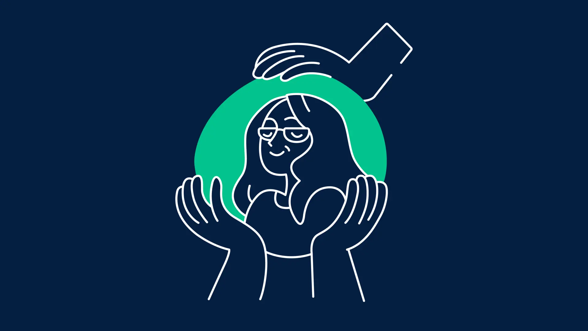 Eine Illustration von einer Frau mit Brille, die in einem Kreis steht. Drei Hände halten beschützend diesen Kreis.