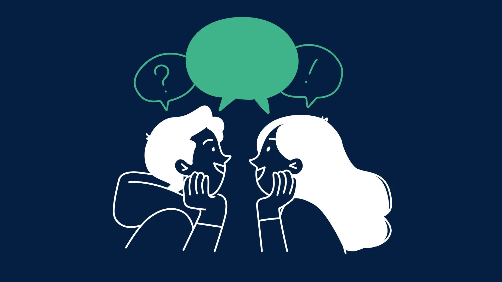 Ein junger Mann und eine junge Frau sitzen gegenübereinander und schauen sich lächelnd an. Über ihren Köpfen schweben Sprechblasen, die darstellen sollen, dass sie sich unterhalten.