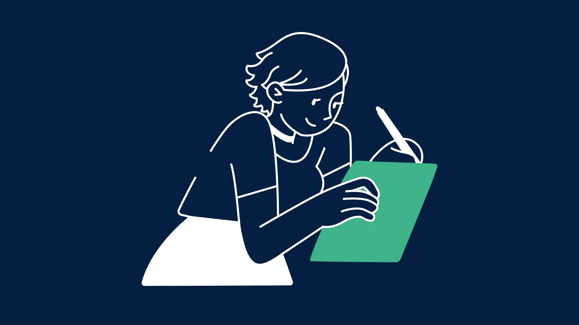 Illustration von einer Frau, die mit der einen Hand ein Blatt und mit der anderen einen Stift hält und damit etwas auf dem Blatt schreibt.