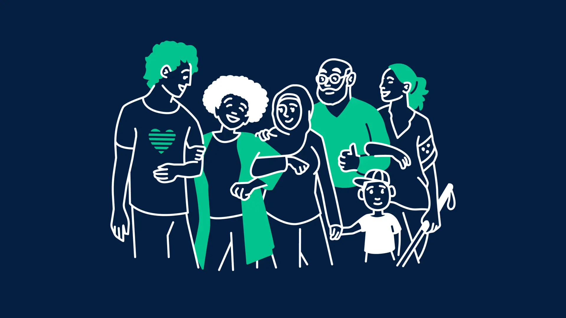 Illustration von einer Gruppe aus sechs verschiedenen Personen, die nah beieinander stehen, sich anschauen und anlächeln. 
