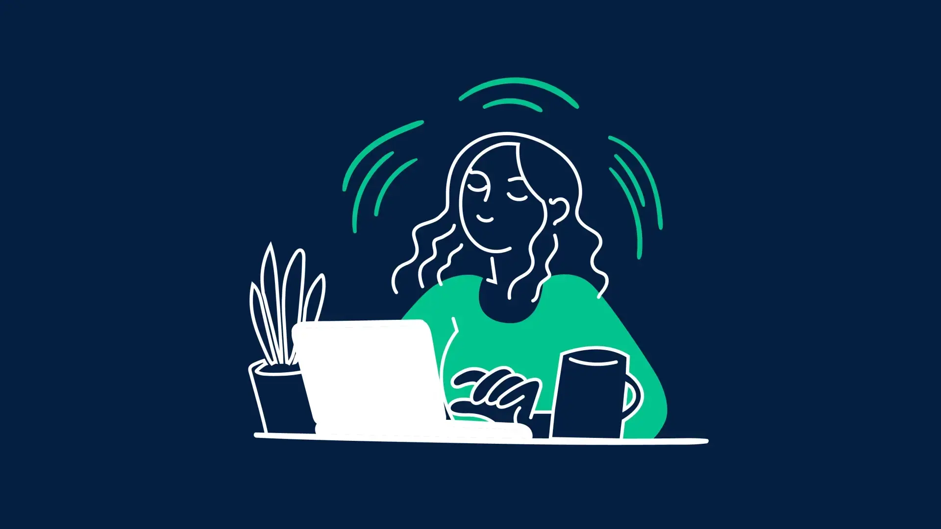 Eine Illustration von einer jungen Frau, die an ihrem Laptop arbeitet.