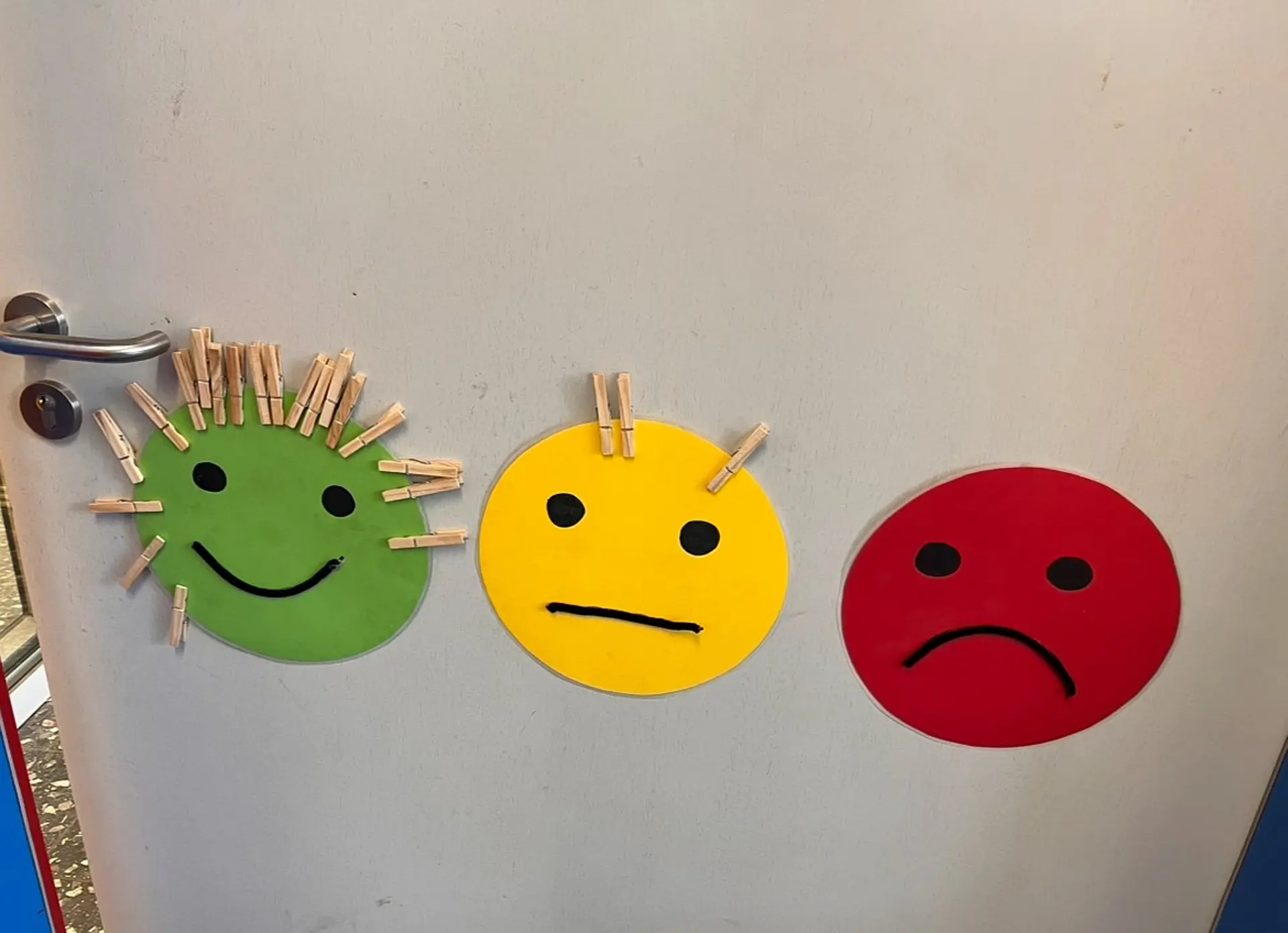 Nahaufnahme eines einfachen Stimmungsbarometers an einer hellen Tür. Es zeigt drei große, runde Emoticons in Ampelfarben (Grün, Gelb, Rot). Zahlreiche kleine, hölzerne Wäscheklammern sind an den Smileys befestigt, um die Stimmung der Gruppe anzuzeigen: Der grüne, fröhliche Smiley hat die meisten Klammern (etwa 14-15), während der gelbe, neutrale Smiley nur drei Klammern trägt. Der rote, traurige Smiley hat keine Klammern.