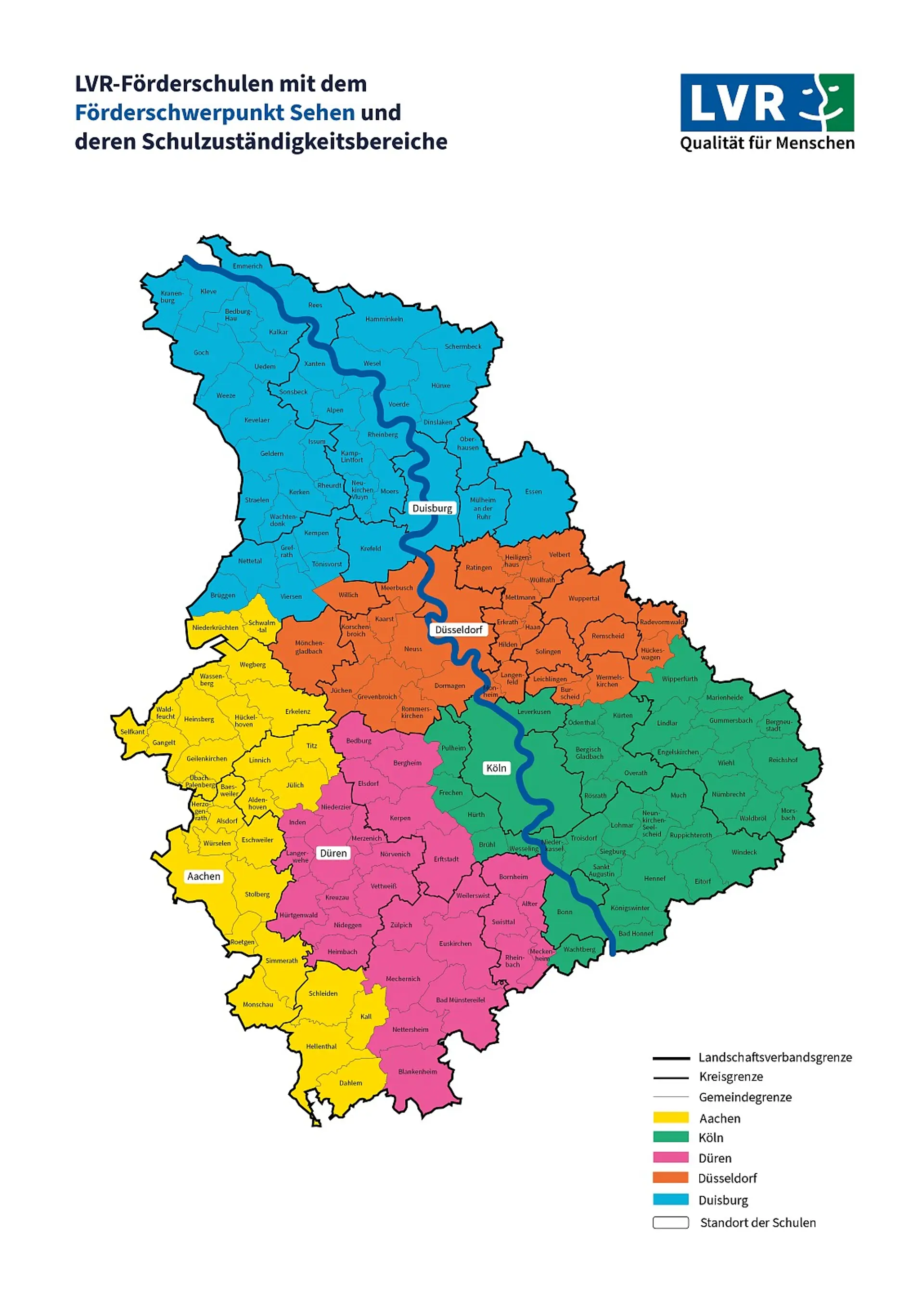 Illustration von einer Karte, die die fünf LVR-Förderschulen mit dem Förderschwerpunkt Sehen und deren Schulzuständigkeitsbereiche im Rheinland darstellt. Die Karte zeigt verschiedene Regionen in unterschiedlichen Farben, für die jeweils eine LVR-Schule in einer Stadt zugeordnet ist: Für die blaue Region ist die LVR-Schule in Duisburg zuständig; für die orangene Region die LVR-Schule in Düsseldorf; für die Grüne die LVR-Schule in Köln; für die Gelbe die LVR-Schule in Aachen; für die Pinke die LVR-Schule in Düren. Der Titel der Karte lautet LVR-Förderschulen mit dem Förderschwerpunkt Sehen und deren Schulzuständigkeitsbereiche. Oben rechts ist das Logo LVR Qualität für Menschen abgebildet.