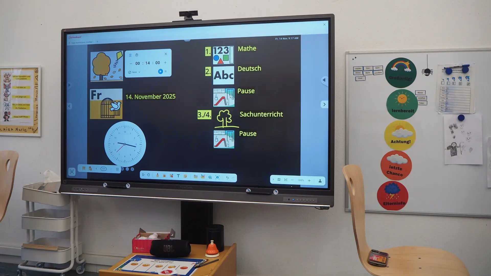 Klassenzimmer mit einem großen interaktiven Bildschirm an der Wand. Auf dem Bildschirm ist der Stundenplan für den Tag dargestellt, der Fächer wie Mathe, Deutsch und Sachunterricht zeigt. Links unten auf dem Bildschirm ist eine analoge Uhr zu sehen. Rechts neben dem Smartboard hängt eine Magnettafel mit Kreisen, die wichtige Bereiche des Schulalltags kennzeichnen.