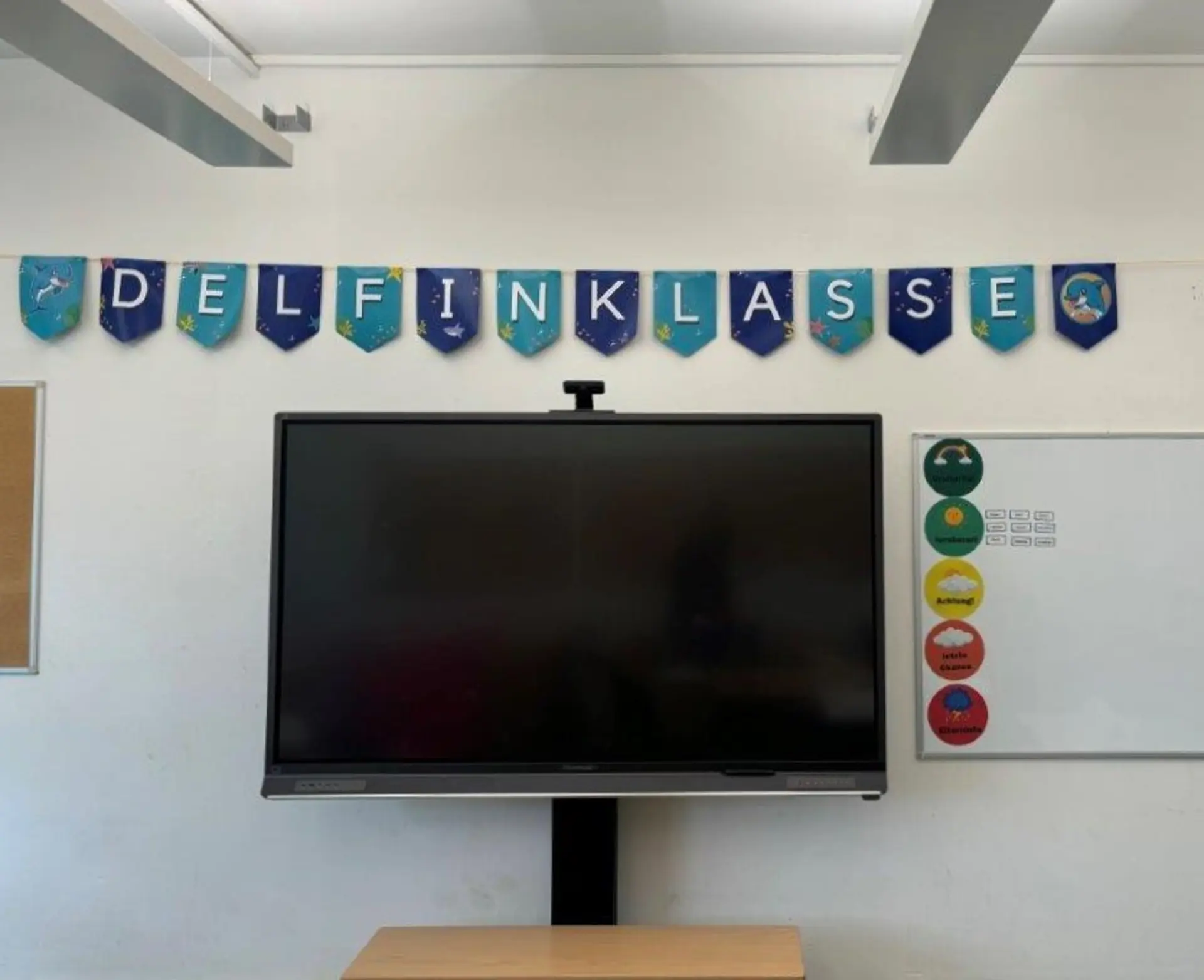 Wandansicht eines Primarstufen-Klassenraums: Ein großes Smartboard hängt an der Wand. Darüber ist eine Wimpelkette mit der Aufschrift Delfinklasse befestigt. Rechts neben dem Monitor befindet sich eine Tafel mit farbigen Kreisen, die zur visualisierten Darstellung von Regeln oder dem Stimmungsbarometer dienen (zum Beispiel eine Ampel).